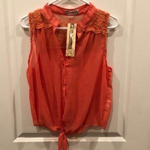 NWT Orange Sheer Tie Button-up